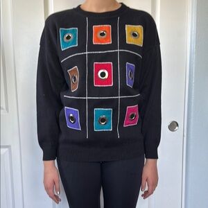 Vintage 80s colorful GROMMET geometric sweater M L black punk 100% cotton